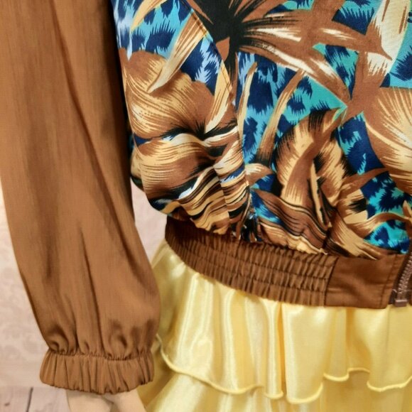 Vintage 80s Womens Bomber Jacket Blue Leopard Print Brown Palm Leaves Size S M - Picture 4 of 11